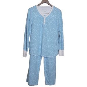 Nautica Long Sleeve Polka Dot Sleepwear Top and Pant Set Blue White Size Medium